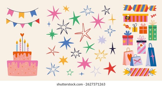 Playful holiday set with hand drawn stars, gift boxes, birthday cake with candles and flag garlands for party decor and festive designs. Trendy modern isolated vector illustration, flat design