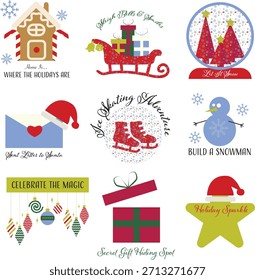 Playful holiday vector set with sleigh, snow globe, gingerbread house, ice skates, snowman, and festive phrases. Perfect for kids’ cards, seasonal crafts, and joyful winter campaigns.