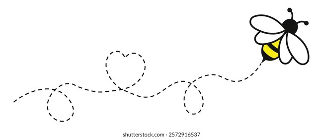 Playful honey bee with a dotted heart trail in vector style. Great for love-themed projects, cards, and cheerful designs.