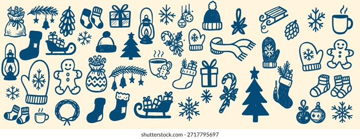 El borde Horizontal juguetón exhibe los iconos azules del doodle de las Navidades dibujadas a mano incluyendo los mitones, las medias, los regalos, el trineo, las tazas y las ramas del pino en el fondo beige, ideal para los Anuncios festivos del Web y las tarjetas de felicitación, alegres.