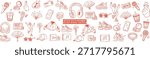 Playful horizontal composition arranges cute k pop inspired doodle icons, including fashion items, snacks, music gear, and hand gestures, in simple red line art, suitable for teen branding and social graphics, energetic.