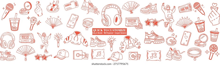 La composición Horizontal juguetona organiza lindos iconos de doodle inspirados en el k pop, que incluyen artículos de moda, refrigerios, equipo de música y gestos de mano, en un simple arte de línea roja, adecuado para la marca adolescente y gráficos sociales, enérgico.
