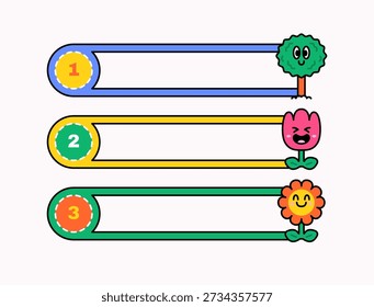 Plantilla infográfica Horizontal lúdica con tres pasos numerados y lindos personajes de árboles y flores. ideal para la educación de los niños, explicación de procesos y presentaciones amigables.