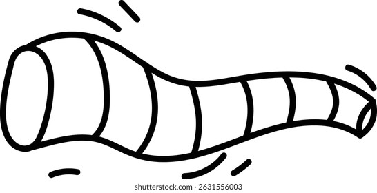 A playful horn swirls with dynamic lines in a hand-drawn style. This curving, striped blower spins with motion lines, suggesting wind. Cartoon vector illustration