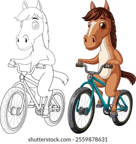 A playful horse cycling on a blue bike