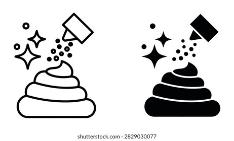 A playful and humorous vector icon set featuring a stylized poop character with decorative sparkles and a sprinkling effect. This unique set includes both outline and solid versions suitable for social media stickers comedic content or lighthearted design projects.