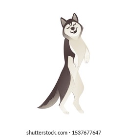 Playful husky dog standing on hind legs and smiling - cute cartoon pet animal with eyes closed and funny facial expression. Isolated vector illustration.