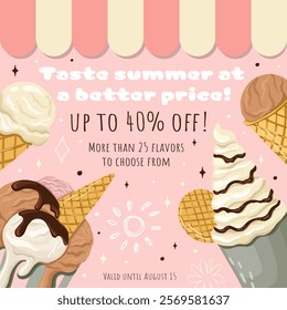 Playful Ice Cream Discount Coupon template. Editable flyer for gelato cafes. Vector.