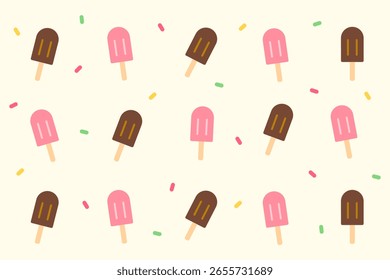 Playful ice cream stick pattern with rainbow sprinkles on a pastel yellow background. Perfect for bakery branding, kids' prints, or cheerful summer designs.