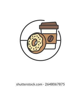 A playful icon pairing a hot drink cup and sprinkled donut evokes sweet indulgence, snack breaks, and cozy café moments perfect for branding morning cravings and treats