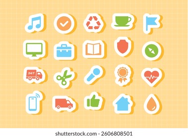 Playful icons for entertainment music health and creativity in children educational tools cute colorful icon set for fun learning apps school activities emotions doctor heart painting and cartoon flat
