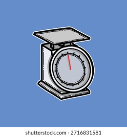 Playful illustrated kitchen scale with a round dial and tray, set against a bright blue backdrop. Great for food weighing, cooking, and home kitchen themes; conveys accuracy and everyday measurement.