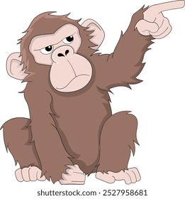 A playful illustration of a baby monkey sitting down while pointing in a specific direction, displaying a curious and expressive look.