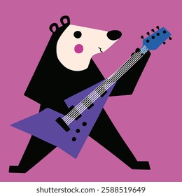 A playful illustration of a bear playing an electric guitar. The bear has a cartoonish style with a black body and a white face, featuring pink cheeks.
