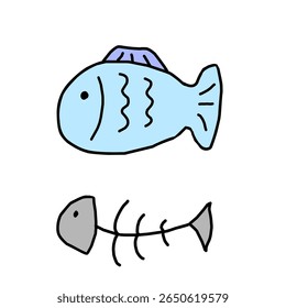 Playful illustration of a blue cartoon fish and fishbone. Great for seafood-related designs, underwater themes, restaurant menus, kids' content, and educational animal illustrations.