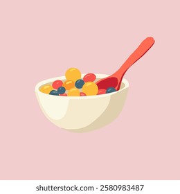 Playful illustration of a bowl filled with vibrant cereal balls and a red spoon, ideal for breakfast promotions, health concepts, or vibrant design themes