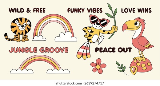 Playful illustration of cartoon animals including a tiger toucan and rainbow with retro typography and groovy vibes.