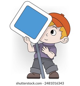 A playful illustration of a cartoon boy with a cheerful expression, holding a blue square sign.