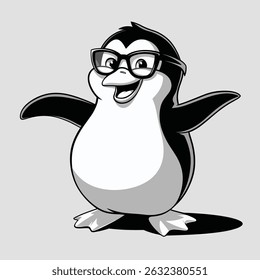 A playful illustration of a cartoon penguin wearing glasses and smiling widely. This charming design captures the fun and quirky personality of the penguin, making it perfect for children's products.