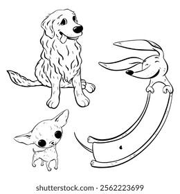 A playful illustration of cartoon pets dachshund, Golden Retriever, Chihuahua, and a happy bunnyshowing joy.Vector sketch illustration. Pet shop