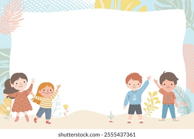 A playful illustration of children waving, surrounded by a cheerful, natural-themed backdrop, vector illustration.