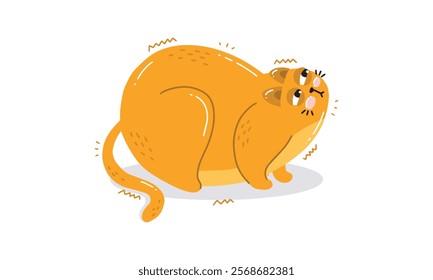 A playful illustration of a chubby orange cartoon cat arching its back with a funny expression on a white background.