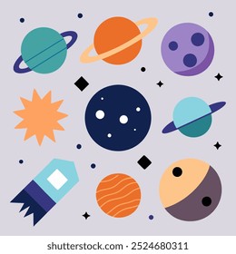 Uma ilustração divertida de um sistema solar colorido com planetas, estrelas, luas e um foguete, perfeito para adicionar um toque caprichoso aos seus projetos. Ideal para produtos infantis.