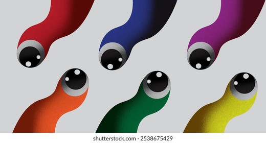 Playful illustration of colorful worm-like shapes with large eyes staring.