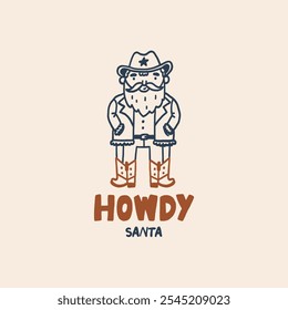 Playful illustration of a cowboy-themed Santa with boots and hat, bringing a festive and whimsical touch to the holiday season. Perfect for Christmas cards and themed decorations