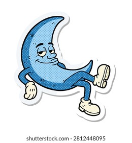 Playful illustration of a crescent moon with human features, arms, legs, gloves, and boots, lounging with a smug smile