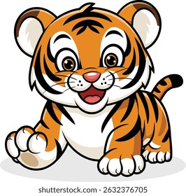A playful illustration of a cute, cartoon tiger cub with bright orange and black stripes. With a cheerful expression, this design captures the playful and friendly nature of a young tiger.