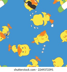 Playful illustration of cute cartoon yellow ducks on a blue background, showcasing various expressions and activities. Perfect for children's materials, playful designs, or themed decor items.