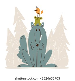 Playful illustration of a cute wolf with a frog and bird balanced on its head, set in a simple forest background.