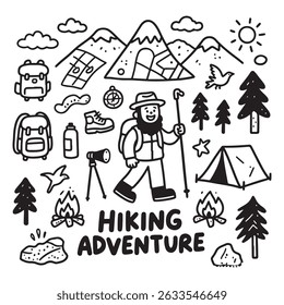 A playful illustration depicting a hiking adventure theme, featuring a hiker with a backpack and walking stick, mountains, trees, tents, and camping gear. 