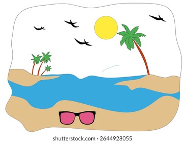 Playful illustration depicting a relaxing tropical beach scene. The image features calm blue ocean waves meeting a sandy beach, complete with palm trees swaying in the breeze