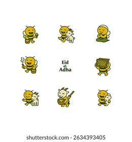 A playful illustration depicts cartoon bees and goats in various celebratory poses, embodying the spirit of Eid al-Adha with honey-themed elements and cheerful expressions. This heartwarming image is 