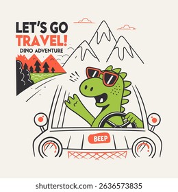 Playful illustration of a dinosaur in sunglasses driving a car through mountains.