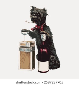 A playful illustration of a dog with a bow tie, holding a cigar, next to a wine bottle and gift box. The dog, bow tie, and wine create a whimsical scene. Vintage dog illustration vector.