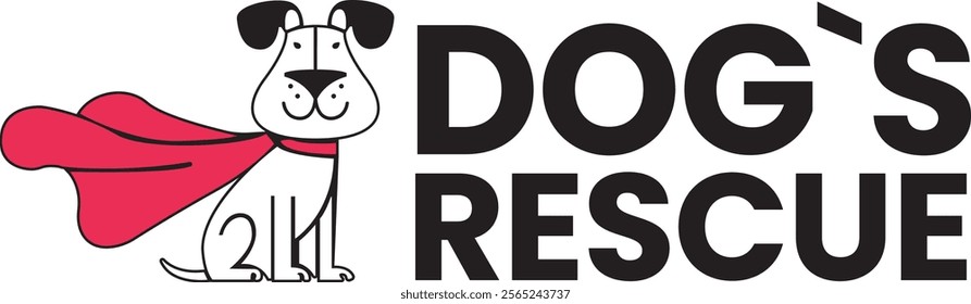 A playful illustration of a dog wearing a red cape, sitting with its paws tucked under. Next to it, bold text reads 'DOG'S RESCUE' on a white background, making the design vibrant and eye-catching.