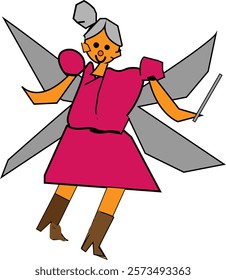 a playful  illustration  of an   elderly    fairy  wearing    a  vibrant  pink dress,  complete   with  oversized  wings  and  whimsical   acessories .