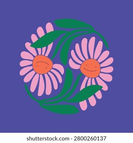 Playful illustration features two cheerful daisy flowers, one upside down, surrounded by lush green foliage against a vibrant purple backdrop.