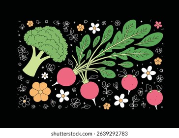 A playful illustration featuring broccoli, radishes with leafy tops, and scattered flowers against a black backdrop.
