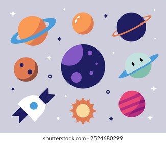 A playful illustration featuring a collection of planets, stars, and a rocket, perfect for adding a whimsical touch to kids' projects, space-themed designs, or any project needing a celestial boost.