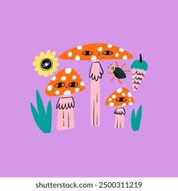 Playful illustration featuring colorful cartoon mushrooms, a bug, and various plants on a vibrant purple background. Perfect for whimsical and nature-themed designs