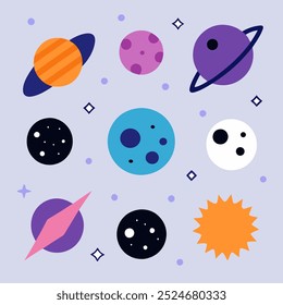 Uma ilustração divertida com uma galáxia colorida, com planetas, estrelas e luas. Perfeito para adicionar um toque de capricho em seus projetos, especialmente para produtos infantis ou projetos com temas espaciais.