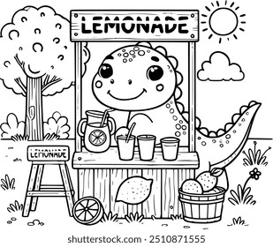 Uma ilustração infantil brincalhona com um dinossauro amigável vendendo limonada de um suporte bonito e colorido. Perfeito para um livro de desenho, este design captura divertidas vibrações de verão e jogo imaginativo