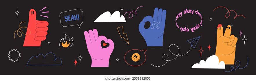 Playful illustration featuring hand gestures, speech bubbles, and fun elements. Thumb-up, okay sign, emoji, expressive details. Modern communication concepts.