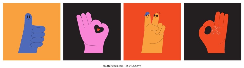 Playful illustration featuring hand gestures, speech bubbles, and fun elements. Thumb-up, okay sign, emoji, expressive details. Modern communication concepts.