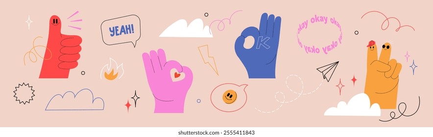 Playful illustration featuring hand gestures, speech bubbles, and fun elements. Thumb-up, okay sign, emoji, expressive details. Modern communication concepts.