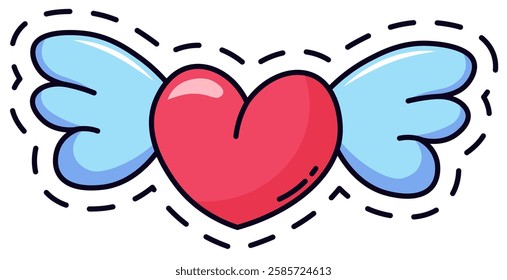 Playful illustration featuring a red heart with blue wings, outlined with dashed lines. Ideal for fashion patches, stickers, or digital art projects seeking a fun and magical vibe